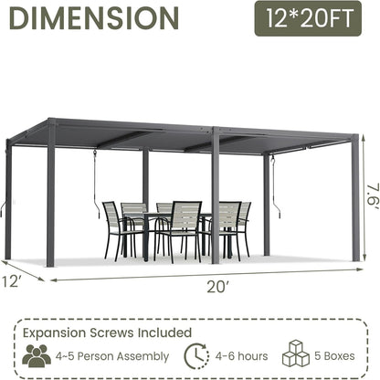 Louvered Pergola 12' X 20', Large Outdoor Aluminum Pergola with Reinforced Steel Roof, Heavy-Duty Hardtop Gazebo for Patio Garden, Weatherproof Sun Shade Shelter, Gray