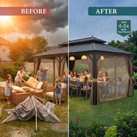 12 Ft. X 22 Ft. Double Galvanized Steel Roof Aluminum Frame Outdoor Patio Hardtop Gazebo with Netting and Curtains — Before & After